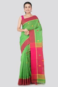 Green hand woven cotton silk saree with blouse