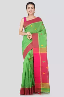 Green hand woven cotton silk saree with blouse