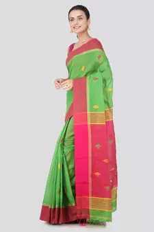 Green hand woven cotton silk saree with blouse