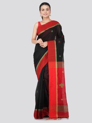 Black hand woven cotton silk saree with blouse 1