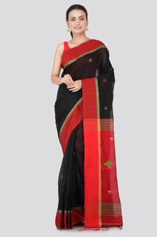 Black hand woven cotton silk saree with blouse