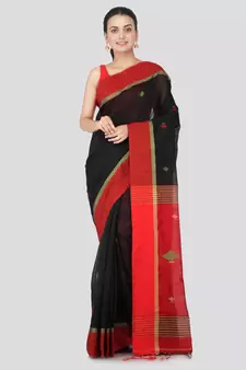 Black hand woven cotton silk saree with blouse