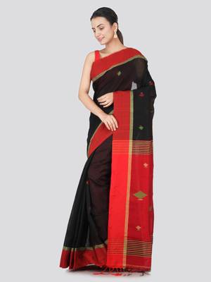 Black hand woven cotton silk saree with blouse 2