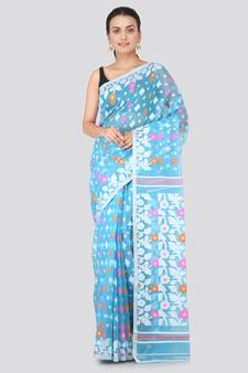 Light Blue Hand Woven Pure Cotton Saree Without Blouse