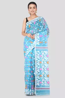 Light Blue Hand Woven Pure Cotton Saree Without Blouse