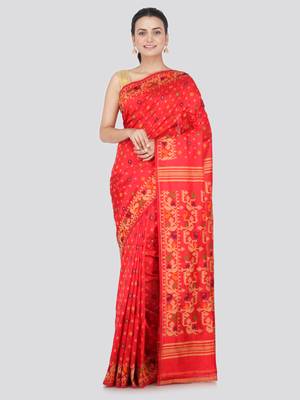 Red hand woven pure silk saree with blouse 1