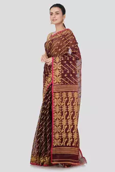 Maroon Hand Woven Pure Cotton Saree Without Blouse