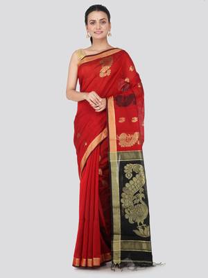 Red hand woven cotton silk saree with blouse 1