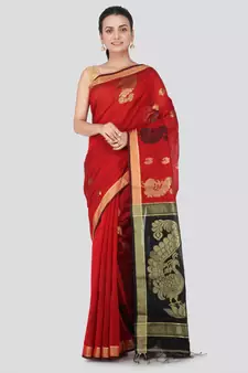 Red hand woven cotton silk saree with blouse