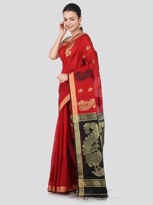 Red hand woven cotton silk saree with blouse 2