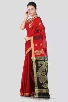 Red hand woven cotton silk saree with blouse