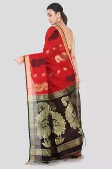 Red hand woven cotton silk saree with blouse