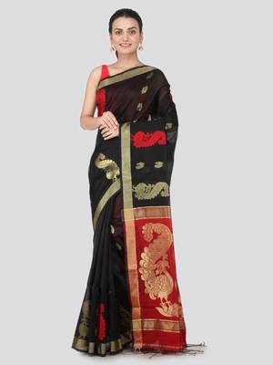 Black hand woven cotton silk saree with blouse 1