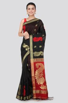 Black hand woven cotton silk saree with blouse