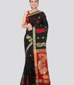 Black hand woven cotton silk saree with blouse