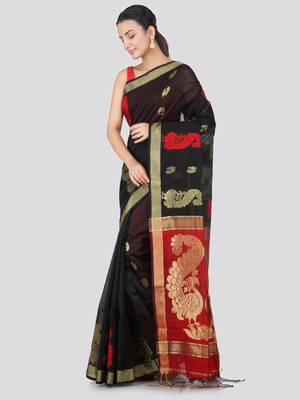 Black hand woven cotton silk saree with blouse 2