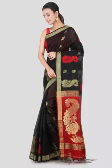 Black hand woven cotton silk saree with blouse