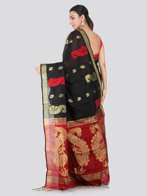 Black hand woven cotton silk saree with blouse 3