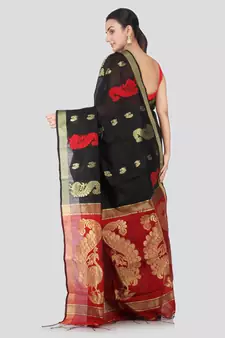 Black hand woven cotton silk saree with blouse