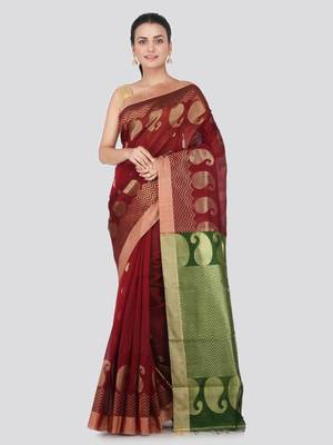 Maroon hand woven cotton silk saree with blouse 1