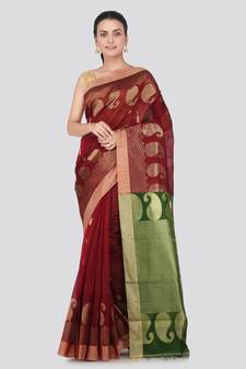 Maroon hand woven cotton silk saree with blouse
