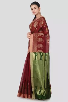 Maroon hand woven cotton silk saree with blouse