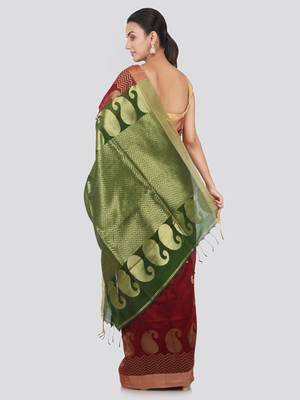 Maroon hand woven cotton silk saree with blouse 3