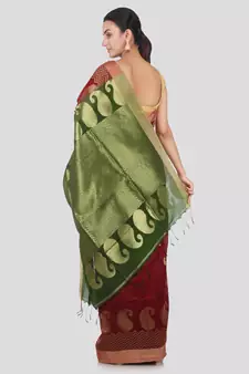 Maroon hand woven cotton silk saree with blouse