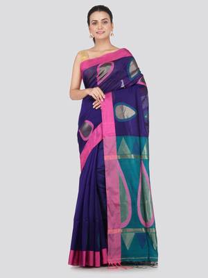 Blue hand woven cotton silk saree with blouse 1