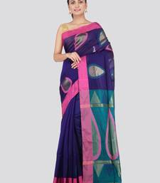 Blue hand woven cotton silk saree with blouse