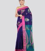Blue hand woven cotton silk saree with blouse