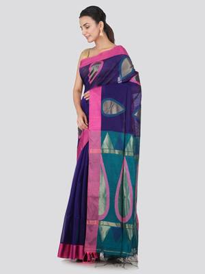 Blue hand woven cotton silk saree with blouse 2