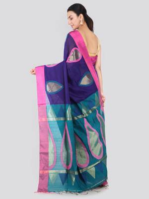Blue hand woven cotton silk saree with blouse 3