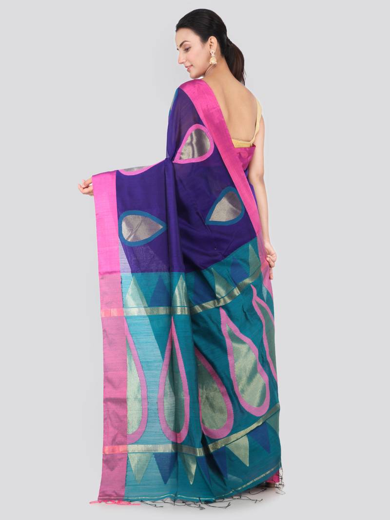 Blue hand woven cotton silk saree with blouse