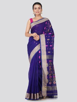 Blue hand woven cotton silk saree with blouse 1