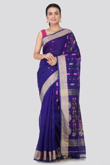 Blue hand woven cotton silk saree with blouse