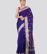 Blue hand woven cotton silk saree with blouse