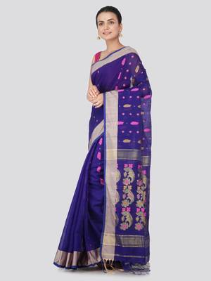 Blue hand woven cotton silk saree with blouse 2