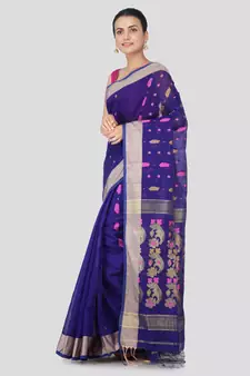 Blue hand woven cotton silk saree with blouse