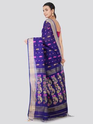 Blue hand woven cotton silk saree with blouse 3