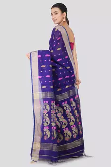 Blue hand woven cotton silk saree with blouse