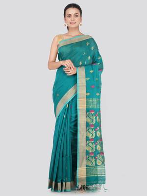 Light blue hand woven cotton silk saree with blouse 1