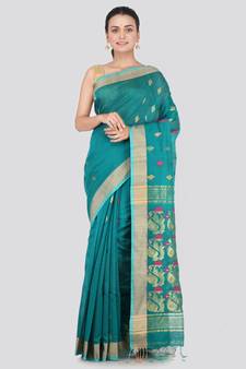Light blue hand woven cotton silk saree with blouse