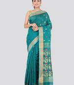 Light blue hand woven cotton silk saree with blouse