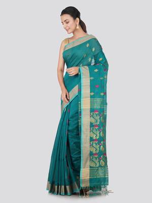 Light blue hand woven cotton silk saree with blouse 2