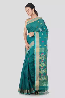 Light blue hand woven cotton silk saree with blouse
