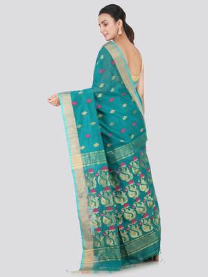 Light blue hand woven cotton silk saree with blouse 3