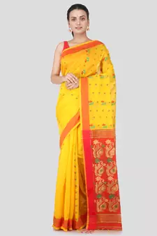 Yellow hand woven cotton silk saree with blouse