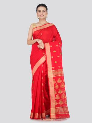 Red hand woven cotton silk saree with blouse 1