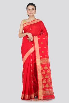 Red hand woven cotton silk saree with blouse